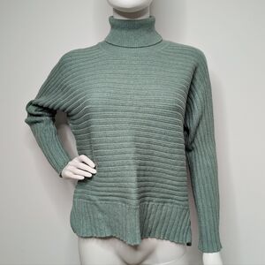 Muted Teal Horizontal Cable Knit Dolman Sleeve Turtleneck Sweater